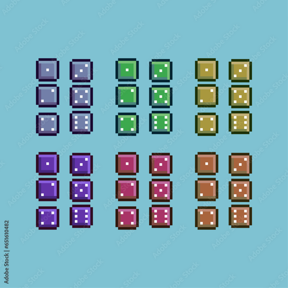 Poster pixel art sets of dice with variation color item asset simple bits of dice on pixelated style 8bits 