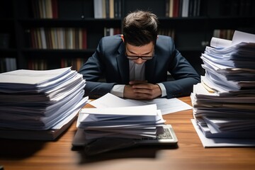 Employee stressed with business paperwork. Businessman check, review legal documents