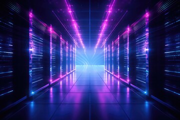 Fototapeta na wymiar Cyberpunk pink and blue corridor in a server room background.