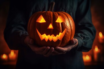 Hands holding a halloween pumpkin , Halloween background, Halloween day graphics, Generative Ai 