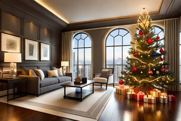 living room with Christmas tree Generated Ai