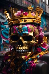 featuring a skull face adorned with a golden crown