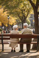 senior couple sitting on bench - obrazy, fototapety, plakaty