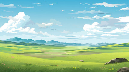 An illustration of the verdant steppe grasslands of Mongolia. The atmosphere of the terrain is wide and fertile.
