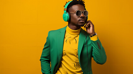 Modern afircan man wearing green jacket and headphone in yellow background