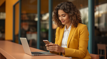 Joyful business woman texting while working, wearing a yellow jacket in office