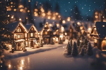 Christmas village with snow in vintage style, winter village landscape