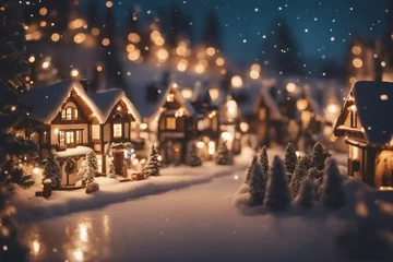 Poster Christmas village with snow in vintage style, winter village landscape © FrameFinesse