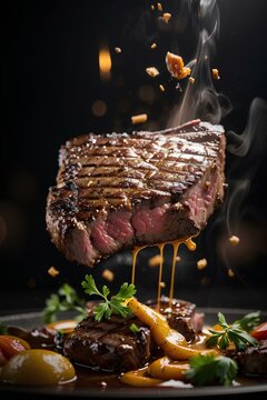 Steak grill on hot plate juicy meet cooking in motion delicious food