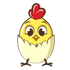 cute cartoon illustration of a chick character showing the head and legs that have just hatched from the egg shell