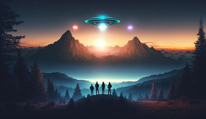 People observing glowing UFOs in a beautiful valley at sunset. Flying saucers over foggy mountains.