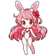 Sexy Bunny Girl On White and Red Swimwear