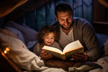 Obraz na płótnie Canvas A man reading a bedtime story to a little girl in bed created with Generative AI technology