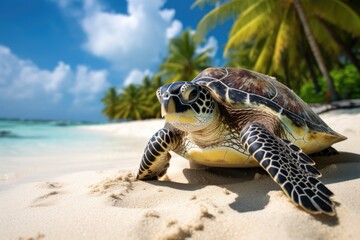 sea turtle  walking on white sand beach, with palm tree  and beautiful sea background in summer - Powered by Adobe
