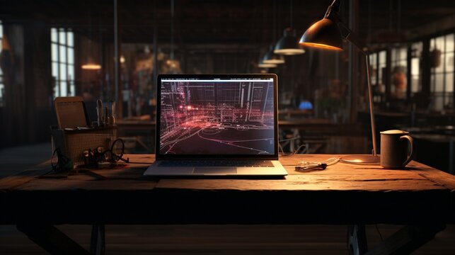  a hyper-realistic scene showcasing a dimly lit room, with a laptop on a wooden table, its blank mockup screen poised for networking, while a programmer works diligently