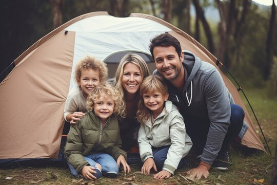 A family enjoying a camping trip in front of their tent created with Generative AI technology