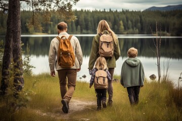 A family enjoying a scenic walk by the lake created with Generative AI technology - obrazy, fototapety, plakaty