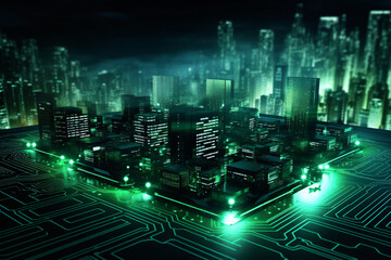 Fototapeta premium modern city buildings on computer motherboard emerald