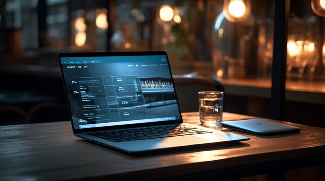 an elegant close-up of a laptop with a blank screen, perfectly aligned for networking mockup, sitting on a workspace where a dedicated programmer codes through the night.