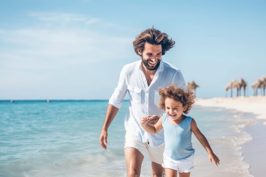 A man and a little girl running on the beach created with Generative AI technology