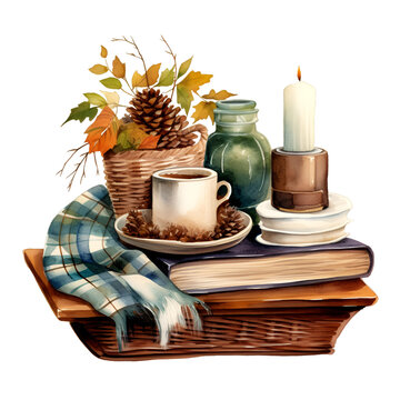 Watercolor illustration cozy autumn books candle plaid basket pumpkin decor. Generative AI, png image.
