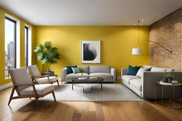 Tufted armchair and coffee table with lamp near yellow wall