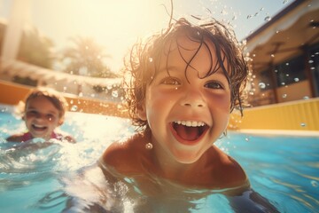 Two children having fun and playing in a swimming pool created with Generative AI technology - obrazy, fototapety, plakaty