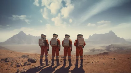Deurstickers A group of 4 astronauts arrived to explore an alien planet © Daria17