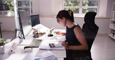 Audit And Fraud Investigation. Auditor Using Magnifying Glass