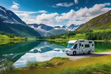A motor home parked by a picturesque lake, offering a perfect spot for a peaceful getaway created with Generative AI technology