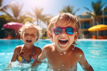 Two children having fun in a swimming pool with sunglasses created with Generative AI technology - obrazy, fototapety, plakaty