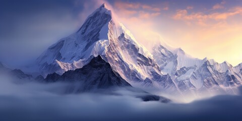 AI Generated. AI Generative. Snow ice faded mountain hill peak. Nature outdoor landscape background. Graphic Art