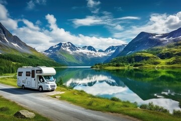 A motor home parked by a scenic lake on the side of a peaceful road created with Generative AI technology - obrazy, fototapety, plakaty