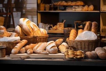 window display of bakery with bread and buns
