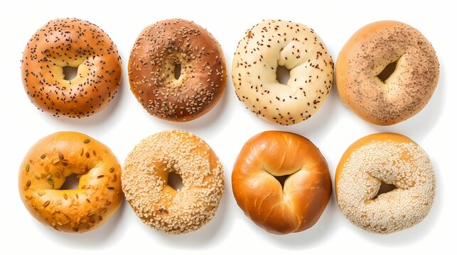 Set of fresh bagels isolated on white background, top view
