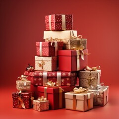 Obraz premium gold and red Christmas gift boxes with ribbon with Christmas balls on a red background. 