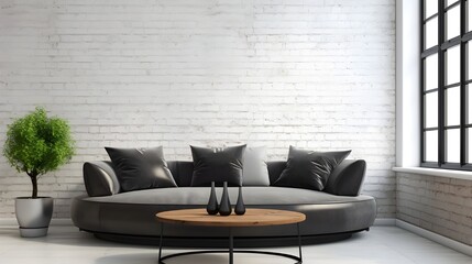 Black sofa and round wooden table against window near white wall with frame. Industrial home interior design of modern living room. Generate AI