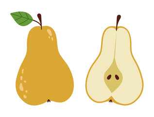 Whole pear with leaf and half pear. Flat vector illustration isolated on white background.