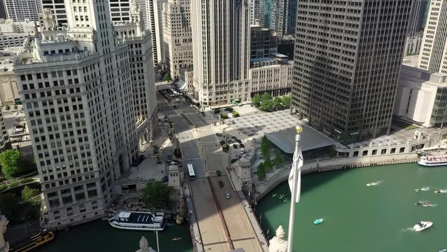 Chicago  llinois USA aerial drone wide footage of Chicago Downtown street on day. Wide aerial footage 