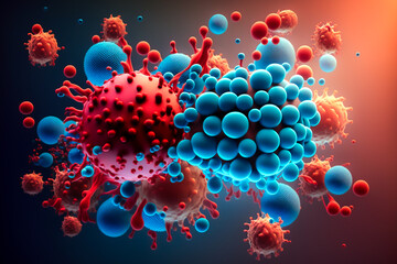 Macro details Coronavirus COVID-19 medical microbes molecules virus bacteria, bright red blue microorganism under microscope