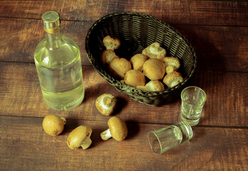 Antique-style still life with alcohol and mushrooms. - 651622469