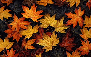 Dark background illustration with autumn leaves pattern. Autumn background for texture. Autumn leaves.