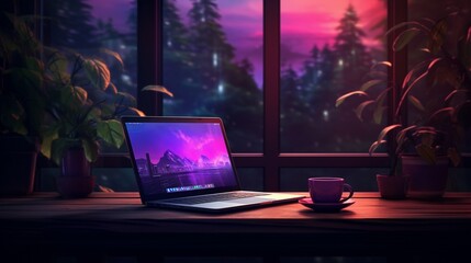 an image of a tranquil nighttime coding environment, with a laptop's blank mockup screen ready for networking, as a dedicated programmer works tirelessly - obrazy, fototapety, plakaty