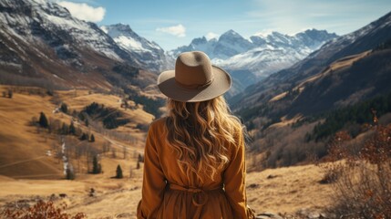 A young traveling girl with a hat in winter wilderness in a panoramic mountain landscape - obrazy, fototapety, plakaty