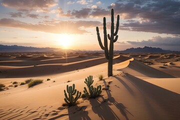 Desert landscape with blue sky and sunrise on horizon with cactus and plant, People and camel walking on the sand dune scenery in very hot day. - Powered by Adobe