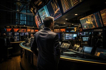 Trading chart illustration, stock market exchange indoor background with workplace full of monitors and displays showing financial data. Business people.