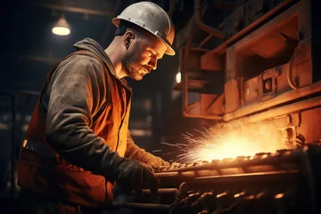 Rolgordijnen Male worker in foundry working with liquid steel. Molten metal pouring from melting furnace with steam and sparks. Heavy metallurgy industry © samael334
