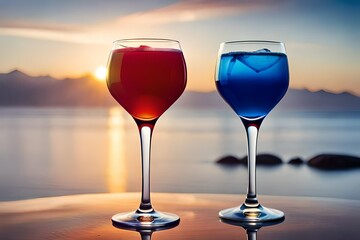 Row of various colourfully alcoholic cocktails on a bar desk. Glasses of different shapes.