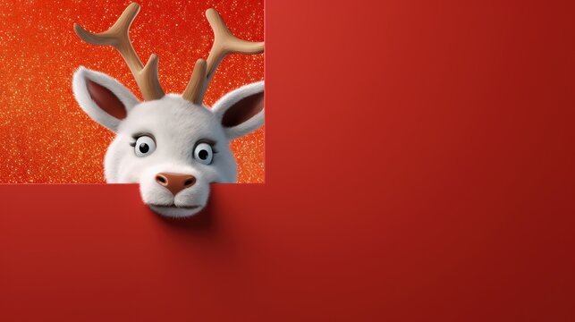 Reindeer, head with antlers on a red bright background. Festive Christmas card, banner for advertising with copy space. New Year's symbol of Santa's helpers.