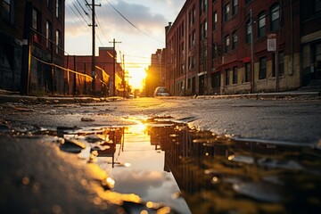 Glistening puddles dot the urban landscape after a rain shower, reflecting city life and adding a poetic touch to the bustling streets, bridges, and buildings. - obrazy, fototapety, plakaty